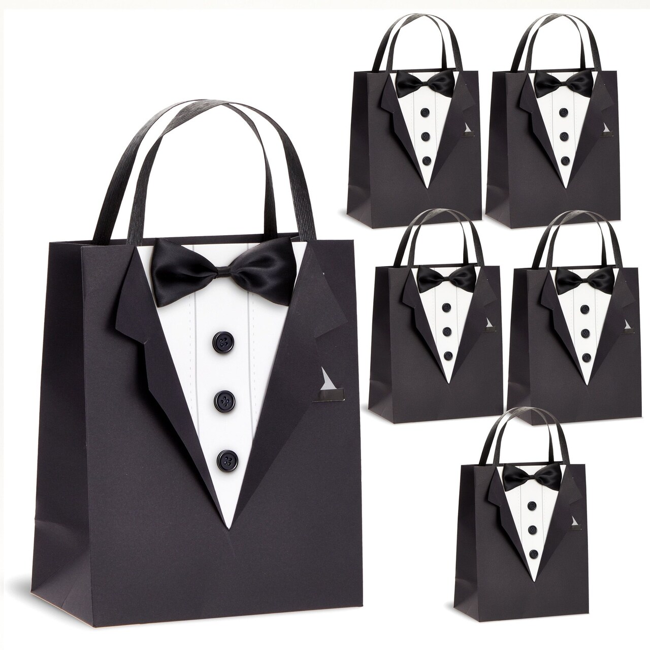 Sparkle and Bash Groomsmen Gift Bags With 3D Tuxedo Design, Satin Bow Tie & Real Buttons - Black, 6 Pack, 8 x 4.5 x 10 In - Wedding & Bachelor Party - Tuxedo Gift Bags for Men